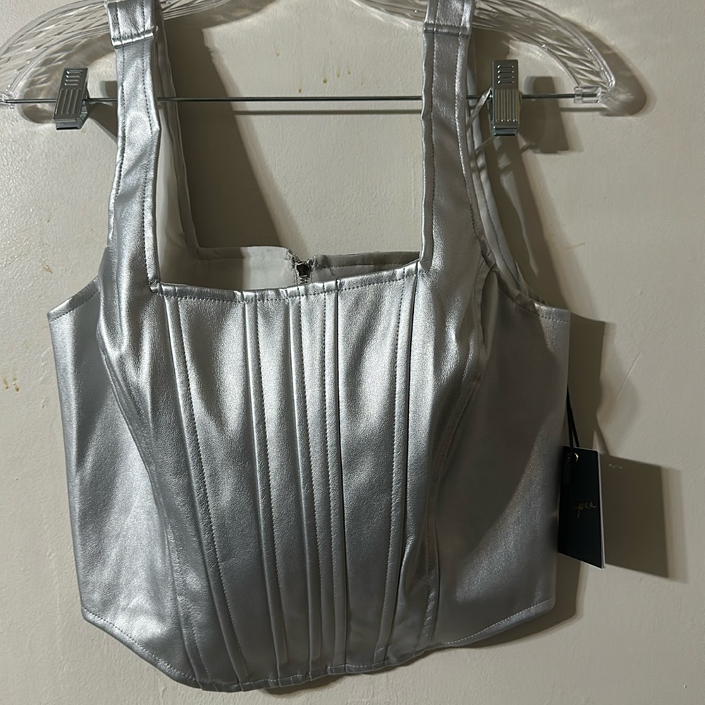 Faux leather metallic top